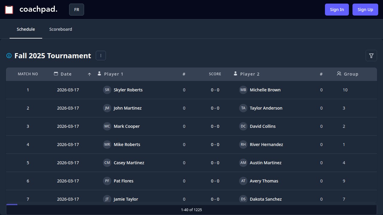 Public schedule interface showing match schedule with player names and dates - accessible without login